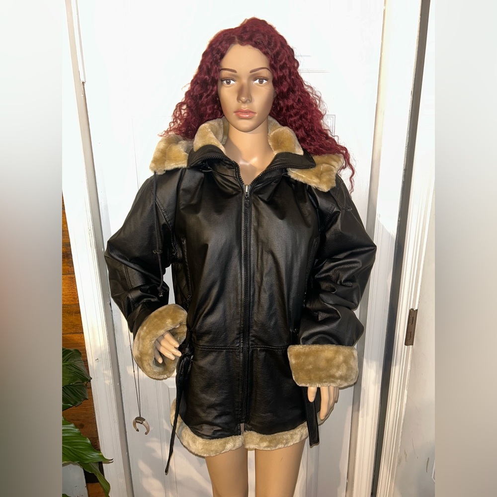 Vintage WILDA 100% Genuine Black Leather Fur Lined Bomber Jacket - LARGE W/ Hood